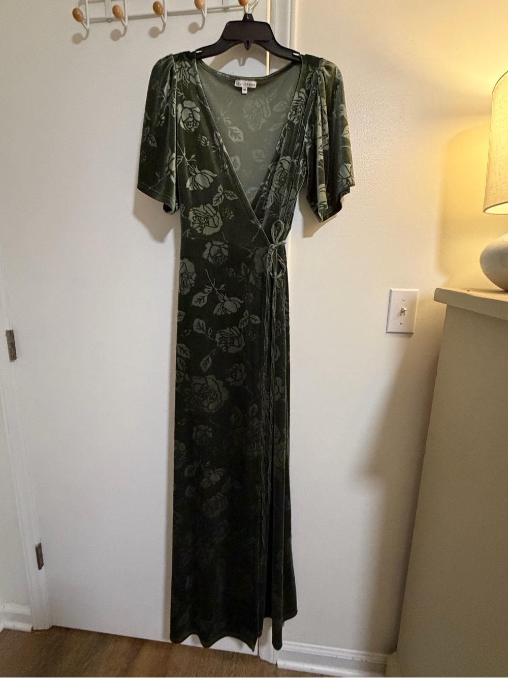 Baltic Born Olive Green Floral Velvet Wrap Maxi Dress